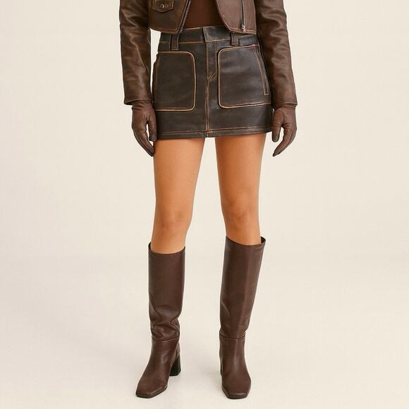 GRLFRND Brown Western Leather Biker Mini Skirt XXS Genuine Cowhide Y2K Moto NWT - Picture 1 of 8